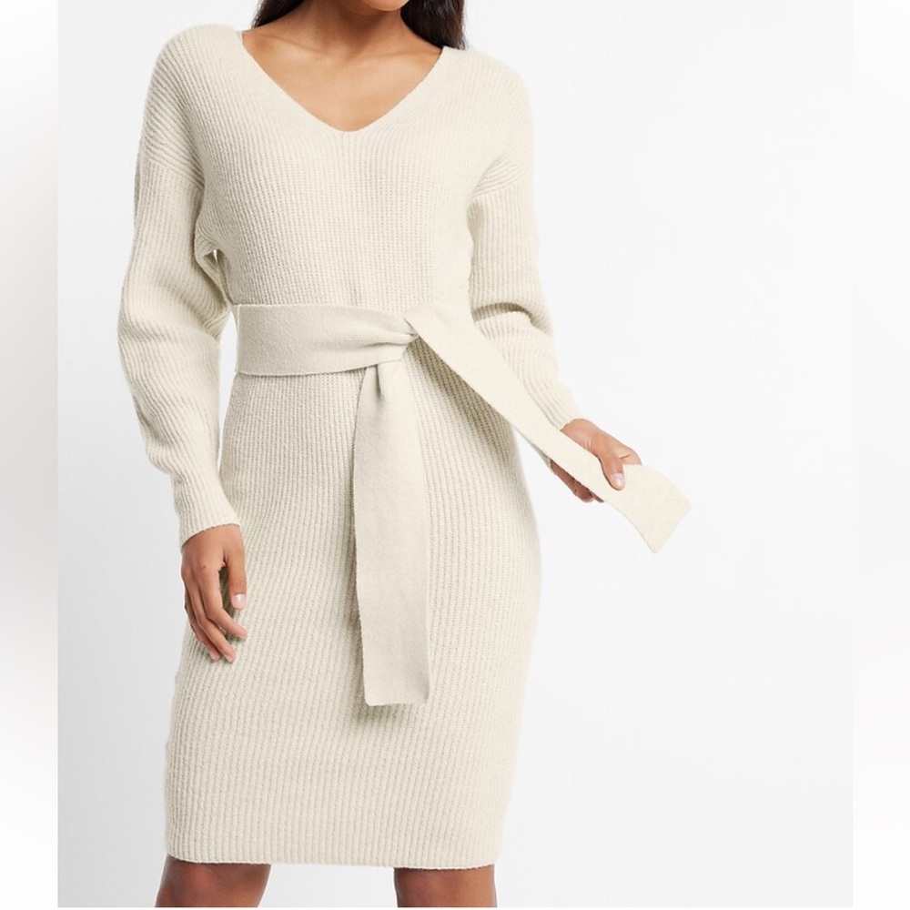 V Neck, long sleeve sweater dress.
